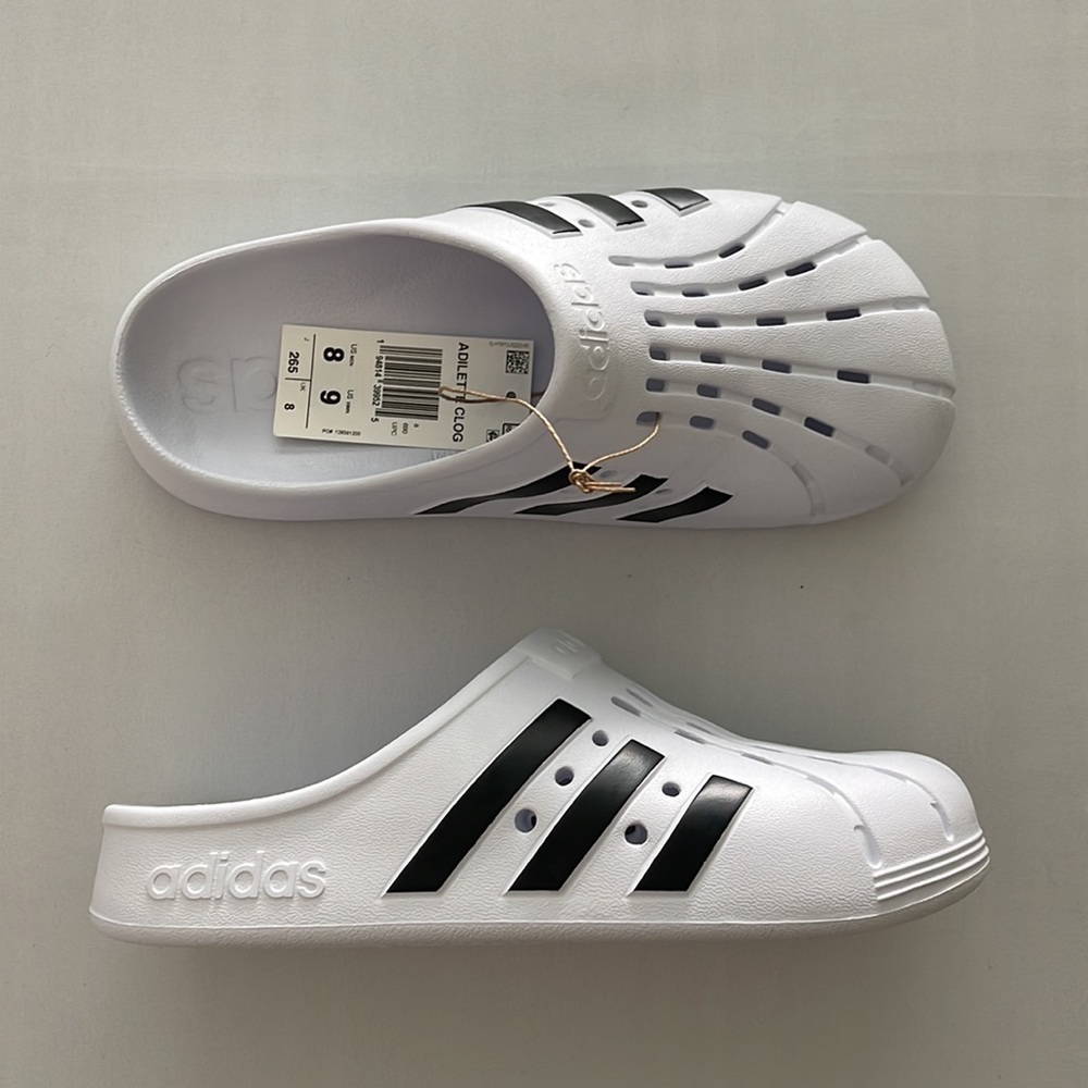 (NWT) Adidas Adilette Unisex Clogs in White & Black, (9 Women’s) (8 Men’s) - Picture 12 of 17